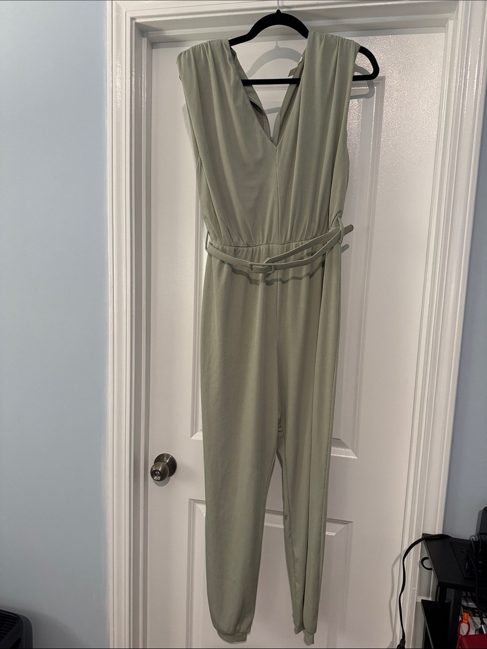 privy Sleeveless V-Neck Sage Green Belted Jumpsuit